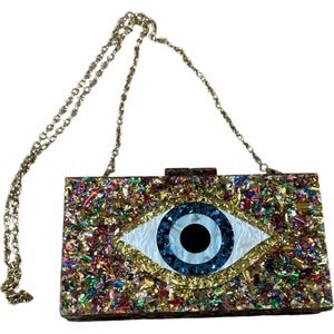 Evil Eye Clutch Purse Resin Confetti Sparkle‎ Crossbody Chain Strap Party
